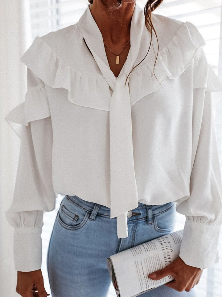 Blouses Belted Collar Ruffle Long Sleeve Blouse