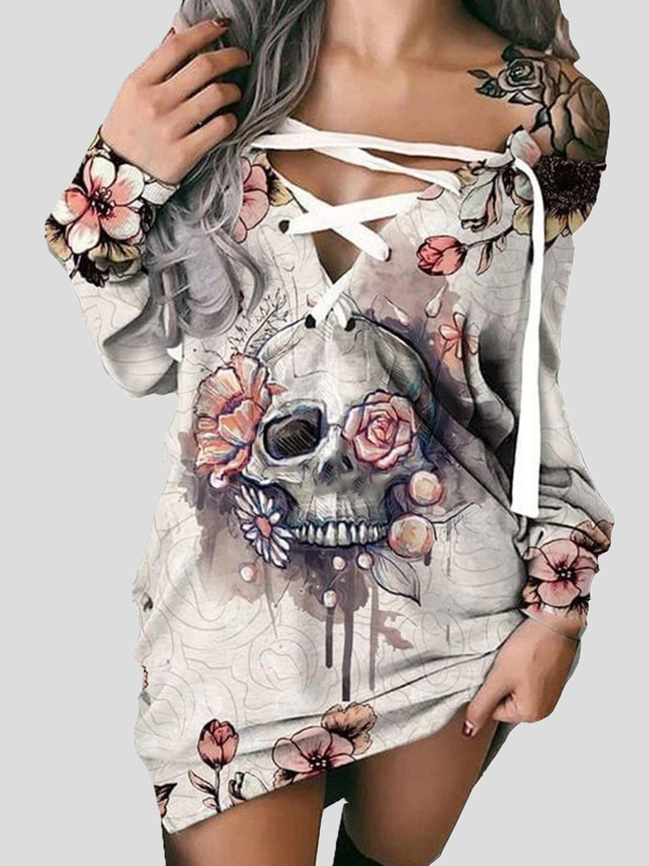 Off-The-Shoulder Printed Skull Long Sleeve Casual Dress