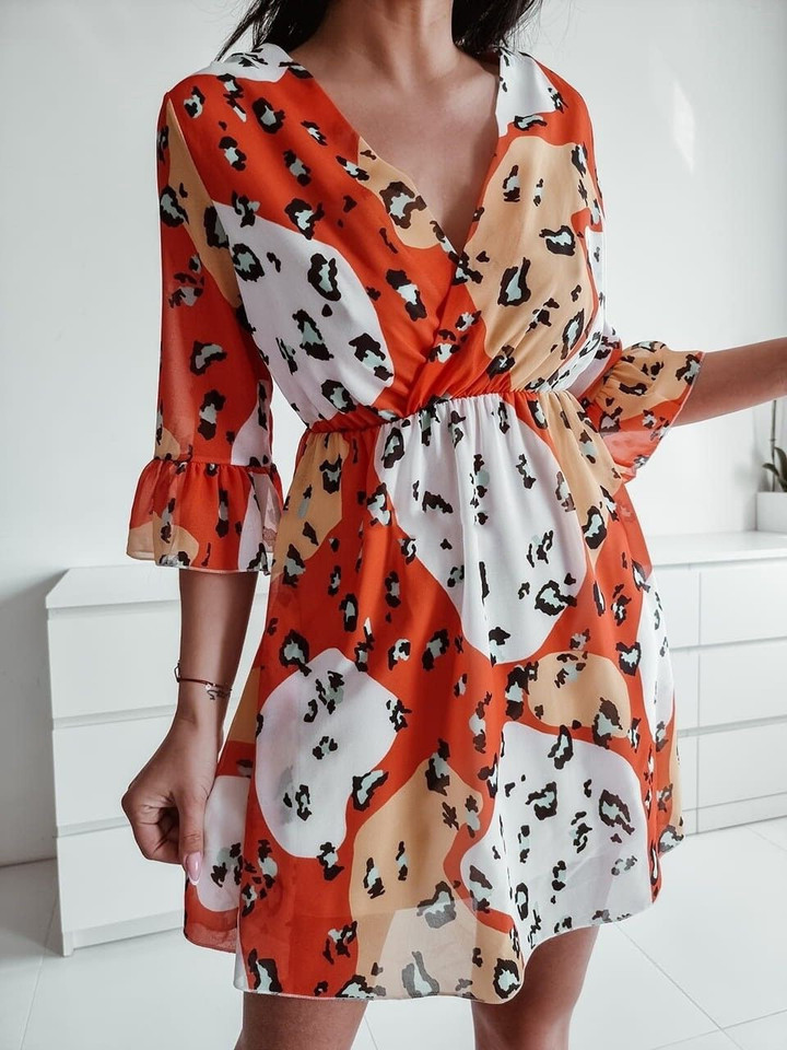 Loose Stitching Middle Sleeve Leopard Print Dress