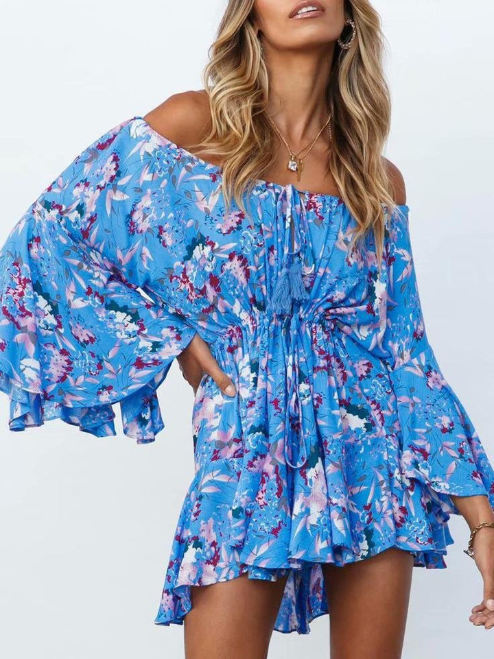 Off-shoulder Lace-up Flared Sleeve Print Casual Mini Dress