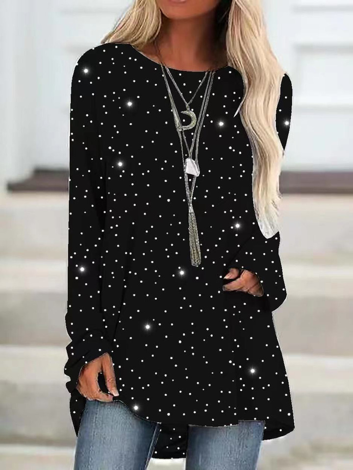 Loose Round Neck Long Sleeve Casual Sequined T-Shirt