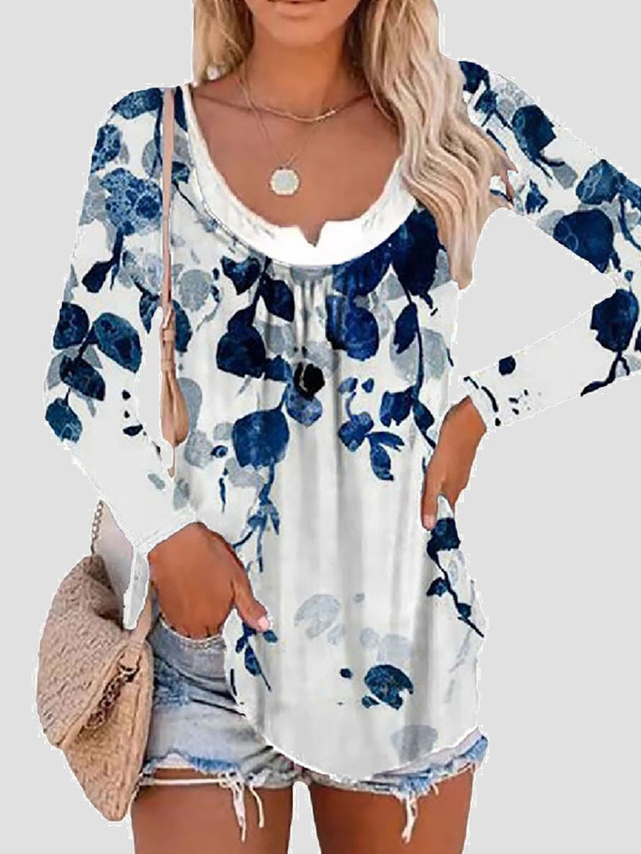 Long Sleeve Printed Fake Two-Piece Round Neck T-Shirt