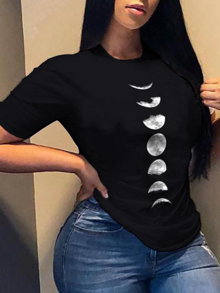 Moon Print Basic Round Neck Women T-shirt