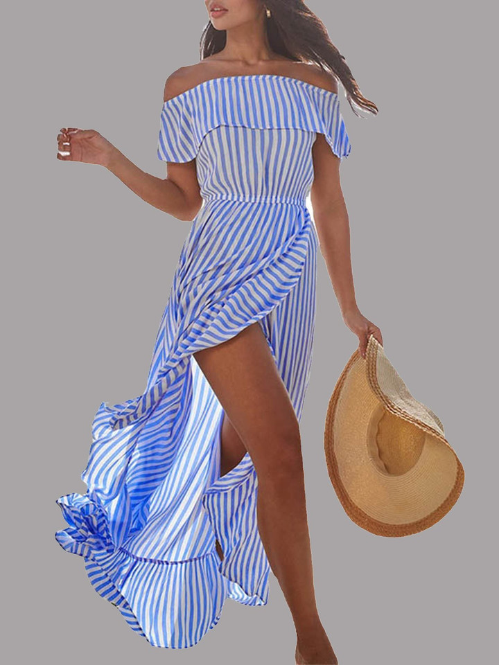 One-shoulder Stripe Slit Irregular Long Skirt