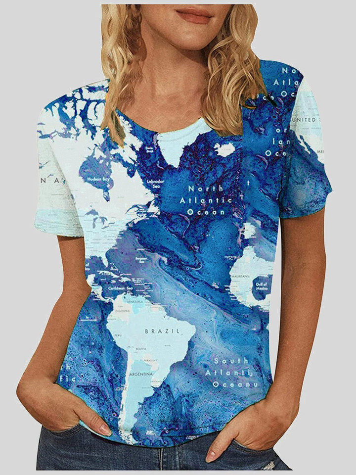 Map Print Round Neck Short Sleeve T-shirts