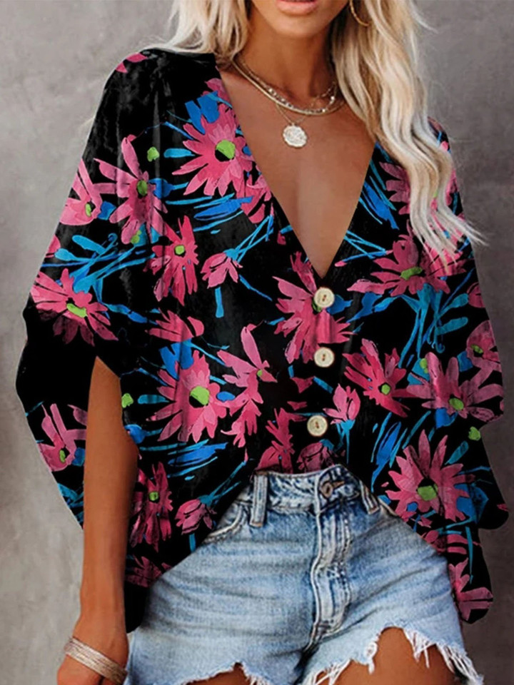 Loose V-neck Printed Mid-sleeve Blouse