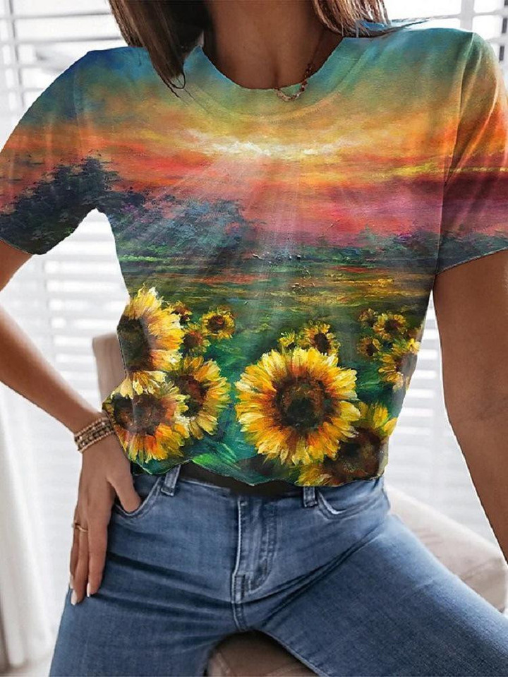 Multicolor Printed Round Neck Short Sleeve T-Shirt