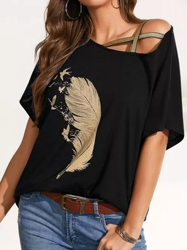 Off-shoulder Webbing Feather Print T-shirt