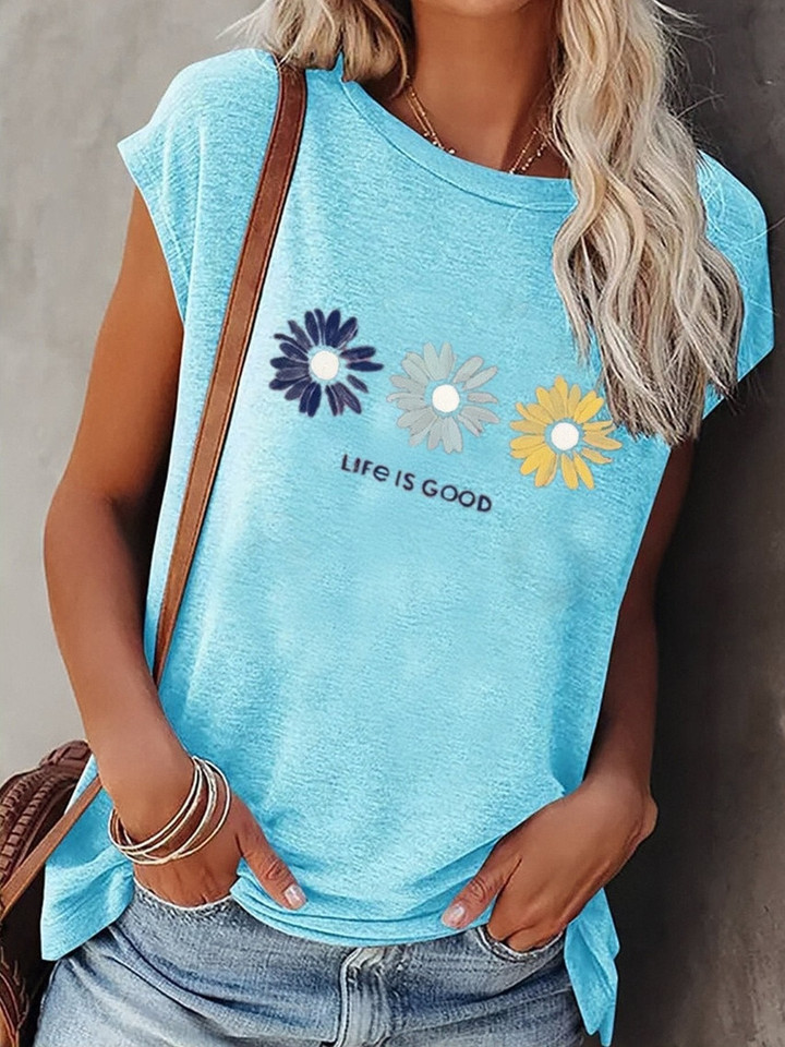 Loose Round Neck Floral Print Short Sleeve T-Shirt
