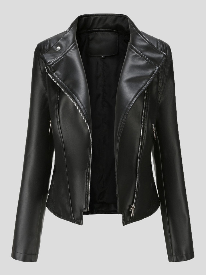 Lapel Slim Long Sleeve Short PU Leather Jacket