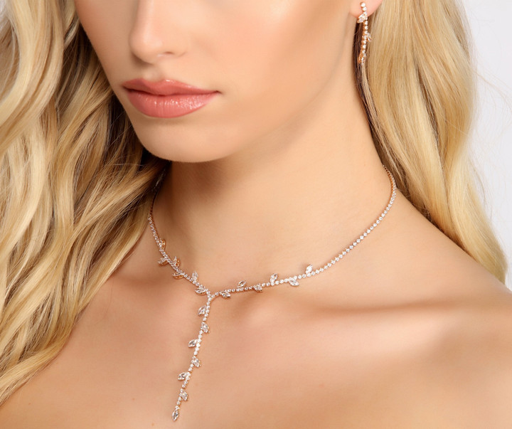Cubic Zirconia Leaf Necklace And Earrings Set