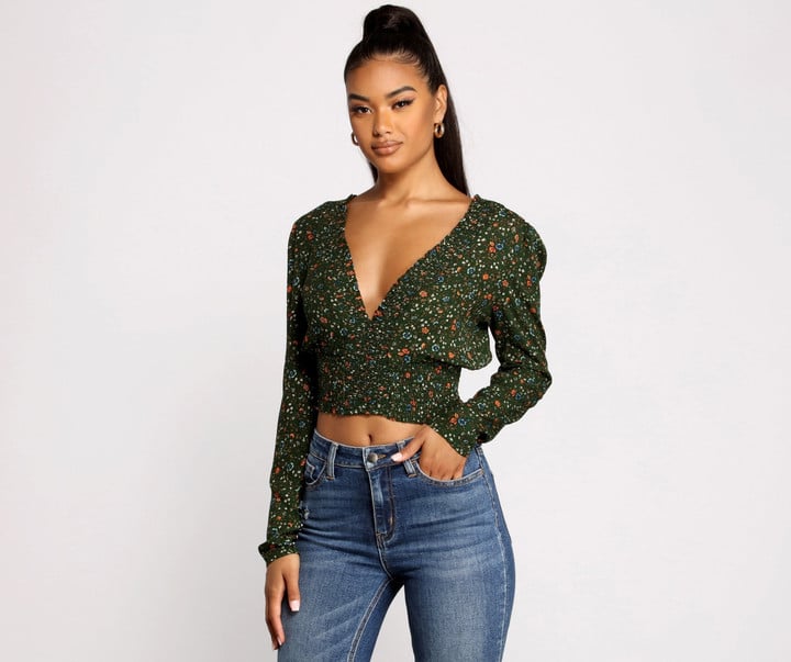 Sweet Intentions Smocked Knit Floral Crop Top