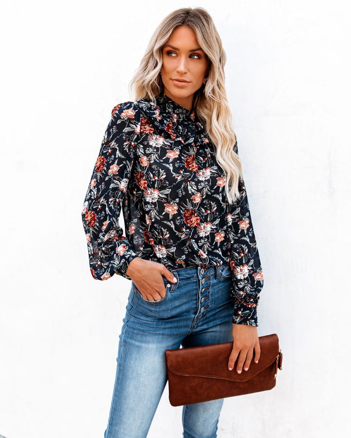 Never Say Never Floral Mock Neck Ruffle Blouse