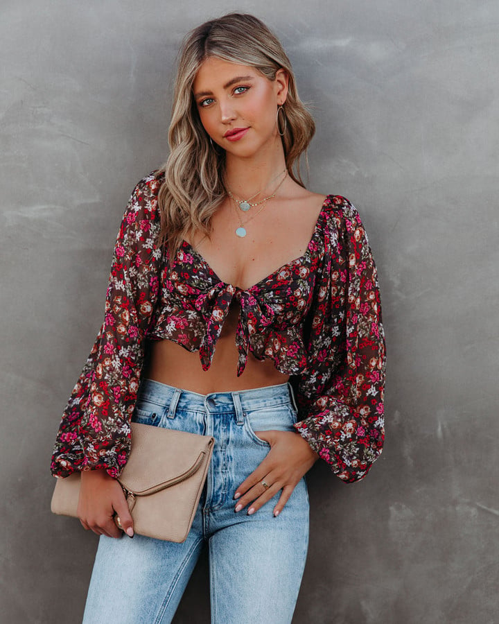 My Oh My Floral Tie Front Crop Blouse