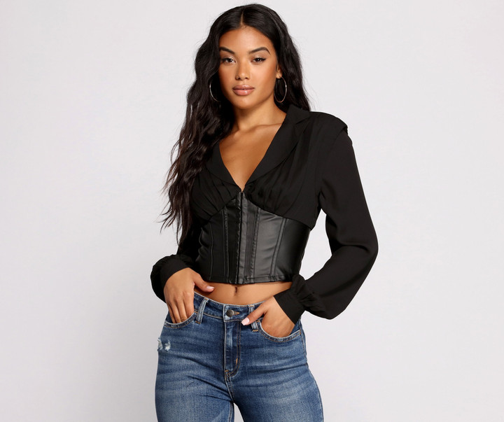Stunning Satin and Faux Leather Corset Crop Top