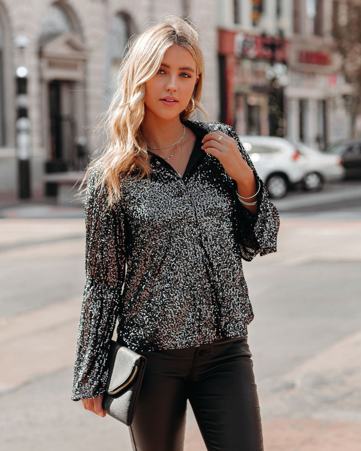 NYX Sequin Button Down Bell Sleeve Blouse - Black