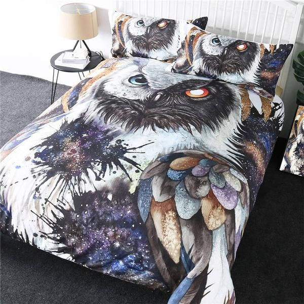 Blue Red Eyes Owl Cotton Bed Sheets Spread Comforter Duvet Cover Bedding Sets