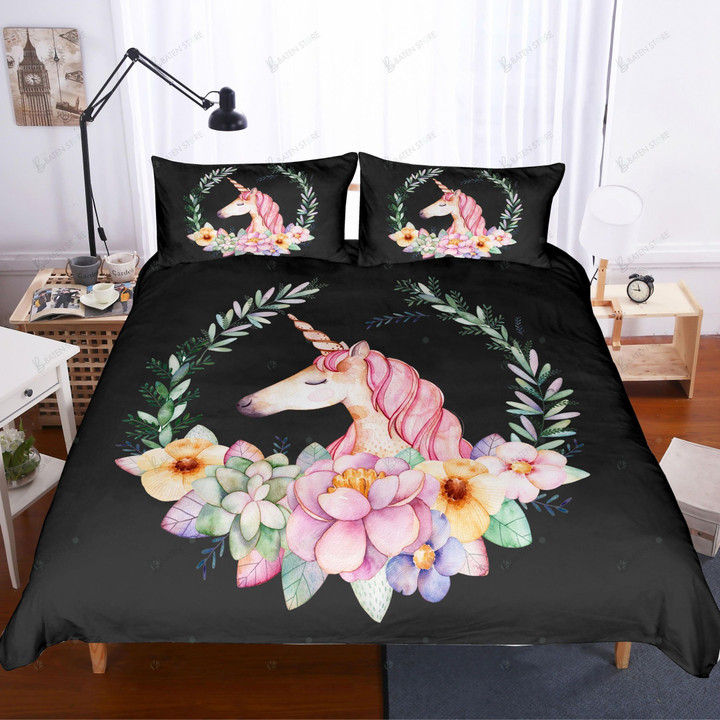 3D Black Succulents Unicorn Floral Bedding Set Bedroom Decor