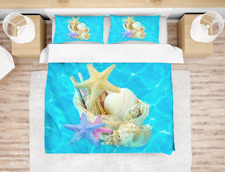 3D Blue Starfish Conch Shell Comfortable Bedding Set Bedroom Decor