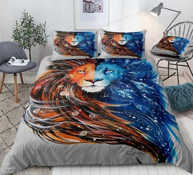 3D Lion Face Two Side Of Star Watercolor Painting Printed Bedding Set Bedroom Decor