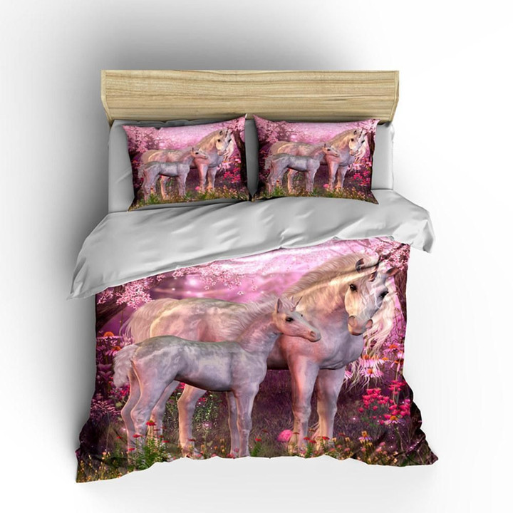 Pink Unicorn Couple Dreamlike Printed Bedding Set Bedroom Decor