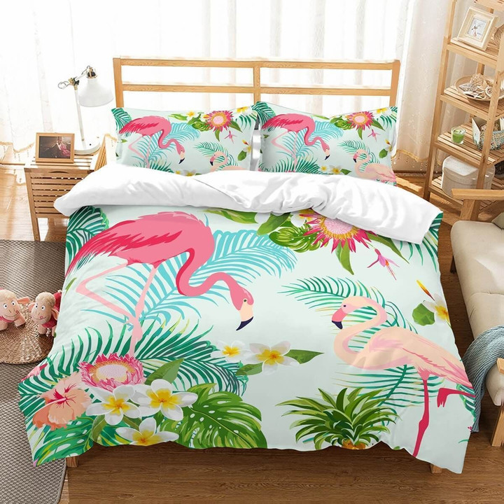 3D Flamingo And Tropical Leaf Bedding Set Bedroom Decor