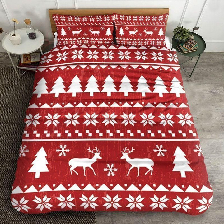 Merry Christmas Deer Pine Tree And Snowflake Pattern Red Bedding Set Bedroom Decor