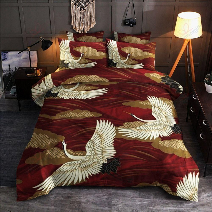 Crane Bird Red Pattern Printed Bedding Set Bedroom Decor