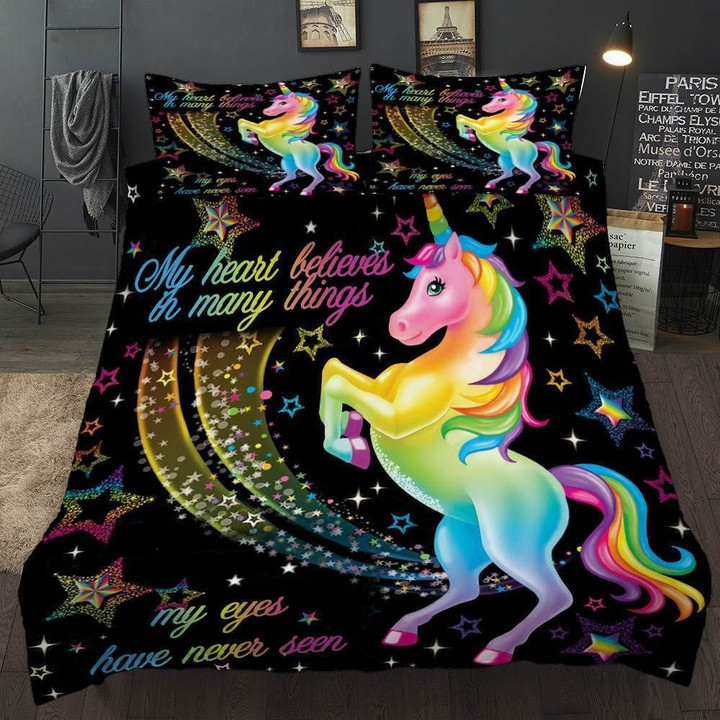 Black Unicorn Rainbow Over Printed Bedding Set Bedroom Decor