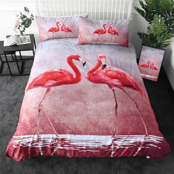 3D Couple Flamingo On The Water Cotton Bed Sheets Spread Comforter Duvet Cover Bedding Sets