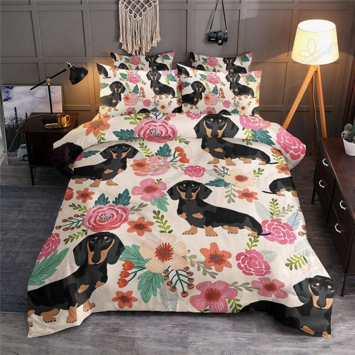 Dachshund And Pink Flower Pattern Printed Bedding Set Bedroom Decor