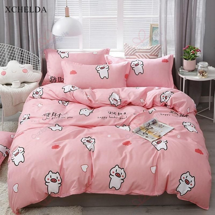 Kawaii Pig Pink Background Bedding Set Bedroom Decor