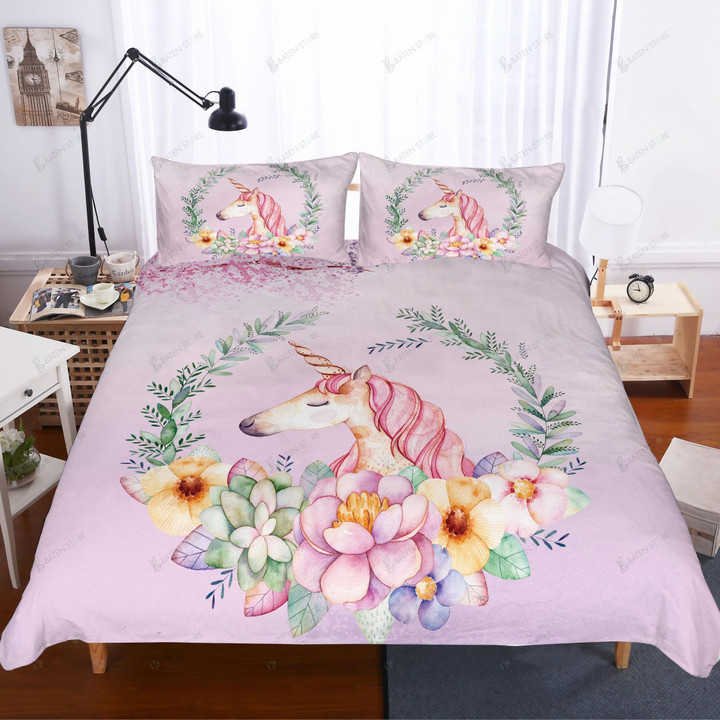 3D Purple Unicorn Succulents Floral Bedding Set Bedroom Decor