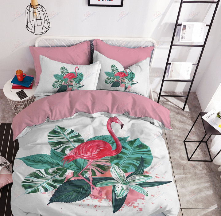 Flamingo And Tropical Green Leaves Printed Bedding Set Bedroom Decor