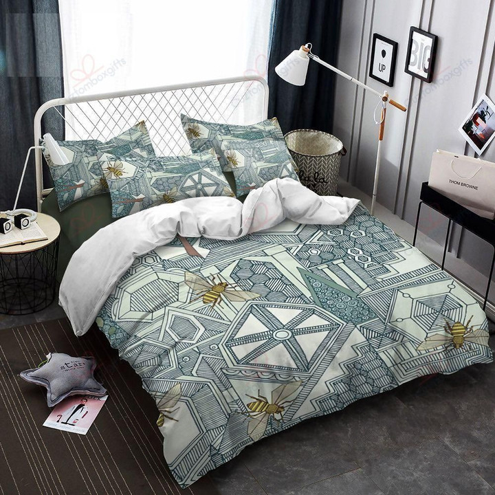 Bee White And Blue Printed Bedding Set Bedroom Decor