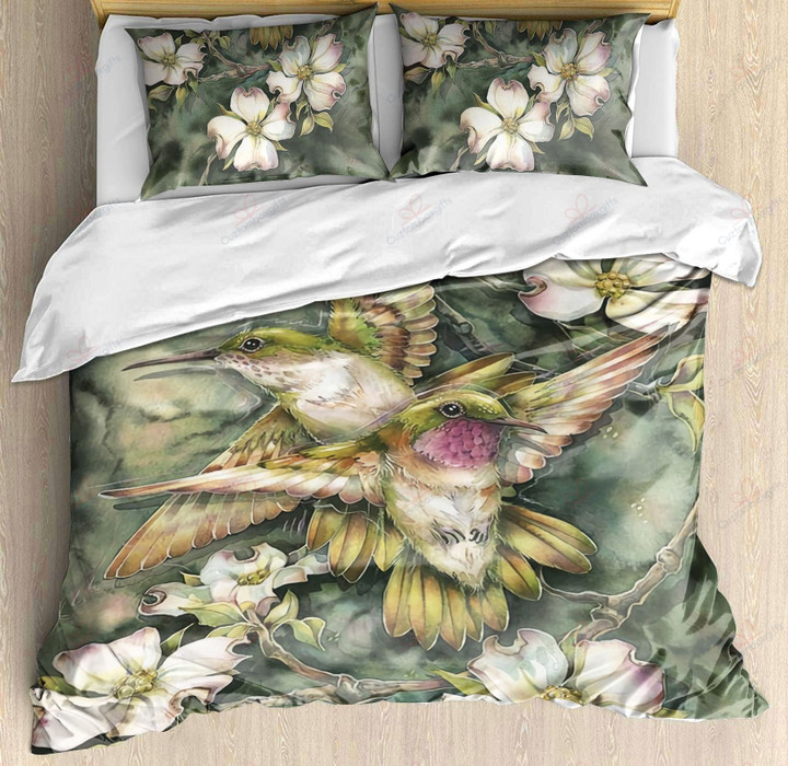 Hummingbird Couple White Flower Printed Bedding Set Bedroom Decor