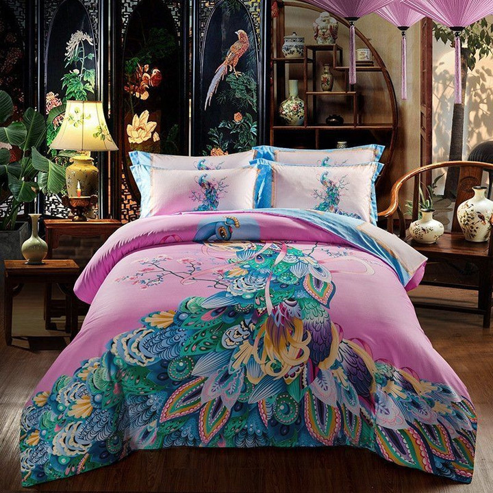Fancy Blue Yellow Purple And Pink Peacock Print Beautifully Exotic Elegant Cla1210206B Bedding Sets
