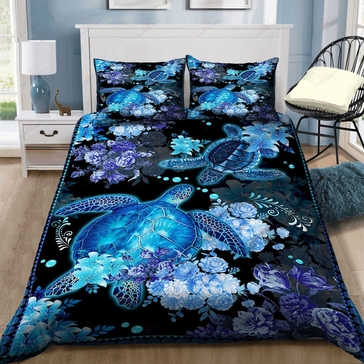 Blue Turtle Flower Printed Bedding Set Bedroom Decor