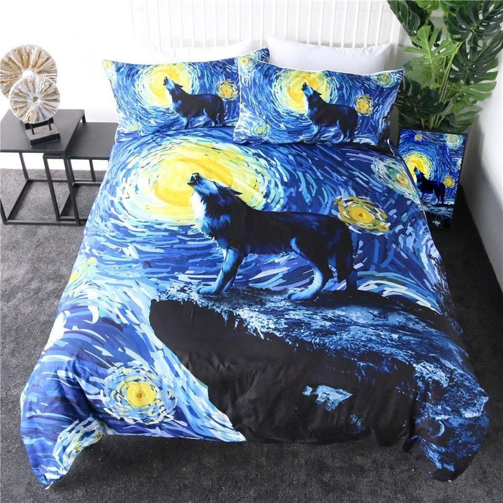 Watercolor Howling Wolf Bedding Set 