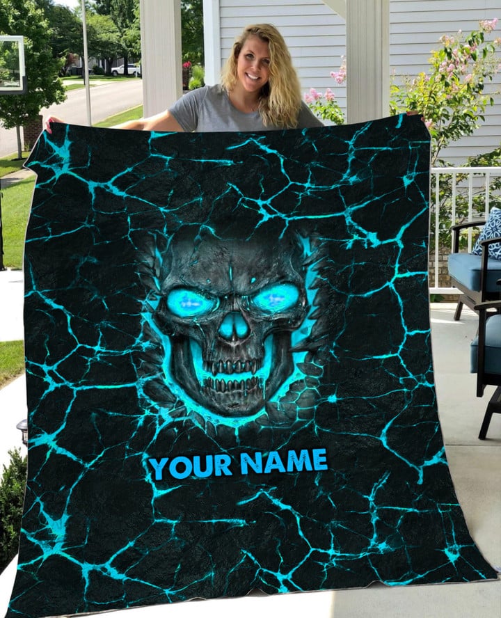 Personalized Name Teal Skull Fleece Blanket Q310804