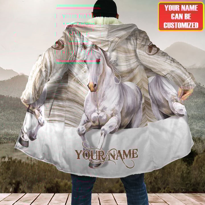 Personalized Name Cool White Horse Fleece Hooded Coat Q270903