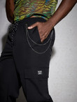 Men Chain Patched Detail Flap Pocket Drawstring Waist Cargo Pants