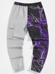Men Lightning Print Patched Detail Flap Pocket Side Drawstring Pants