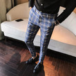 Men Dress Pants Plaid Slim Fit Ankle Length New Fashion Check Suit Trousers