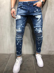 Men Ripped Skinny Jeans Slim Fit Straight Distressed Pleated Knee Patch Stretch Jeans