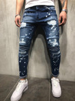 Men Ripped Skinny Jeans Slim Fit Straight Distressed Pleated Knee Patch Stretch Jeans