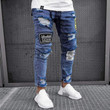 Men's Zipper Slim Skinny Stretchy Ripped Biker Embroidery Print Destroyed Jeans