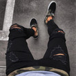 Mens Cool Designer Brand Black  Skinny Ripped Destroyed Stretch Jeans