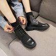 Women Fashion Flat Round Elastic Lace Leather Ankle Boots