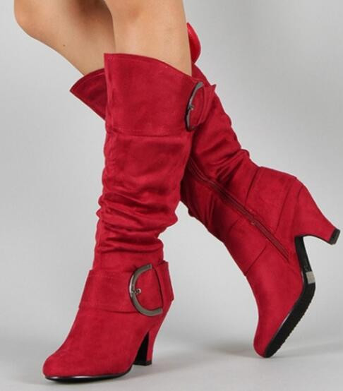 Women Knee High Boots Faux Suede Buckle Fashion Spike Heels